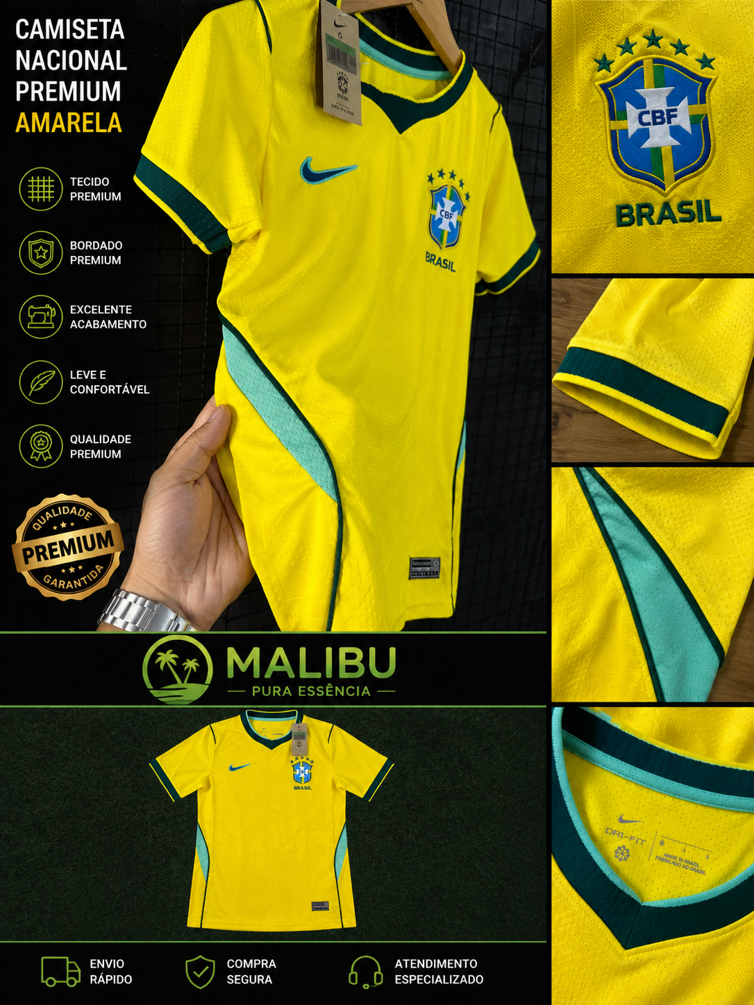 Camiseta Nacional Premium Masculina Amarela Brasil G