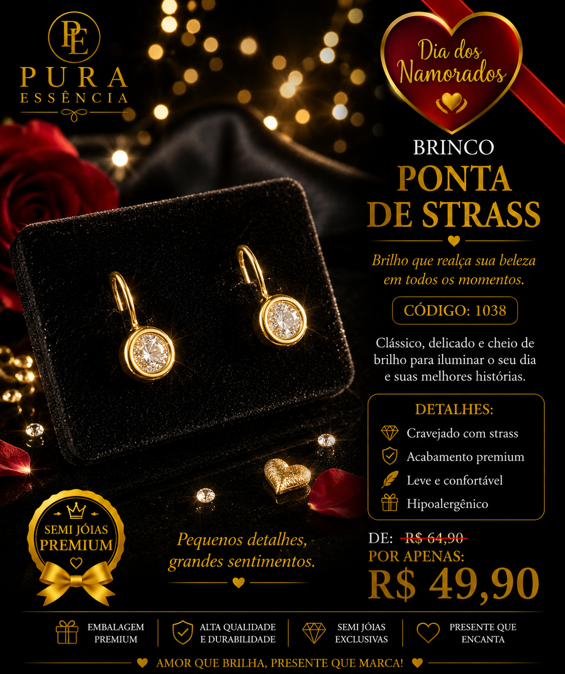 brinco ponta de strass