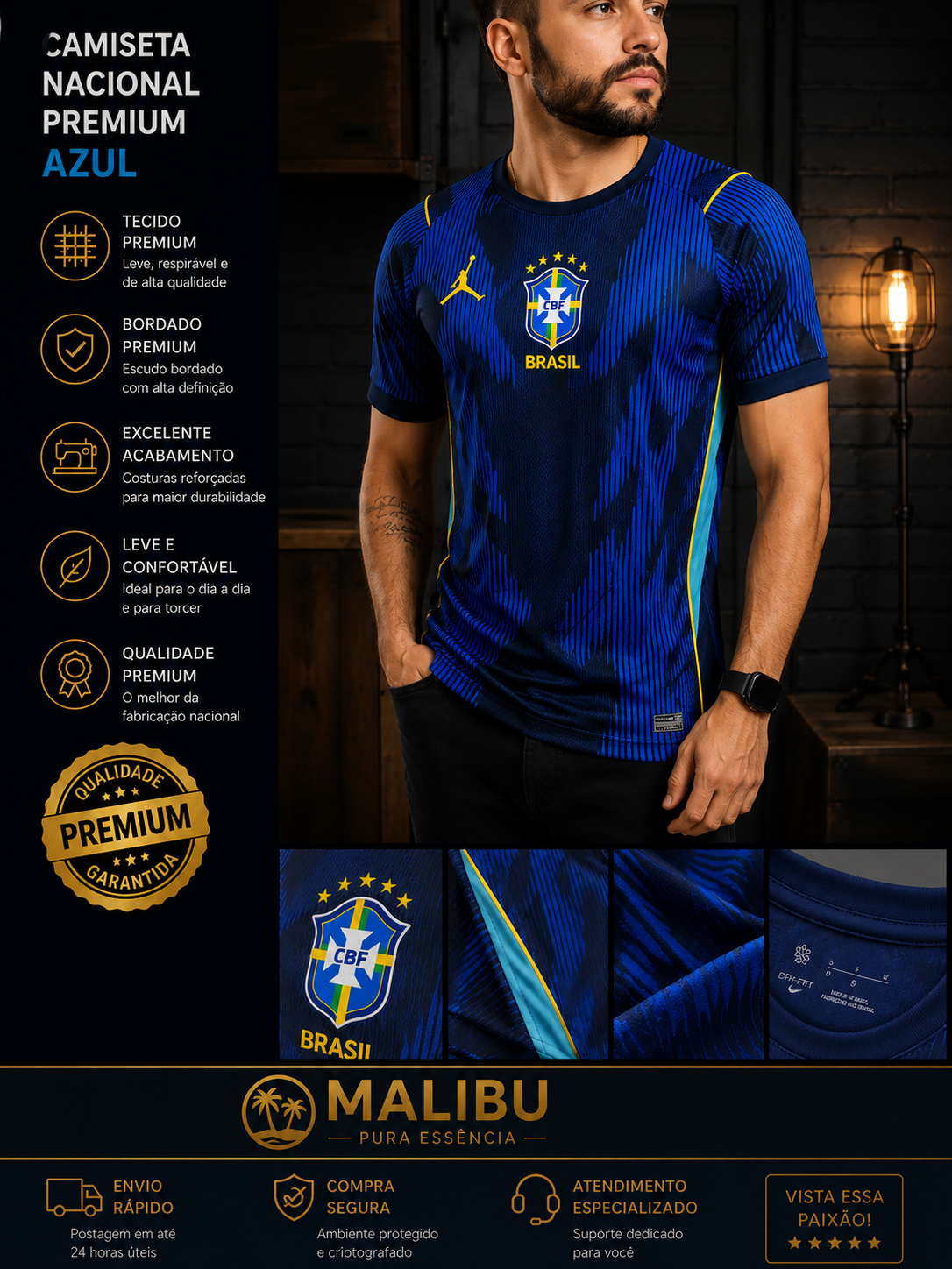 Camiseta Nacional Premium  Masculina Azul Brasil G