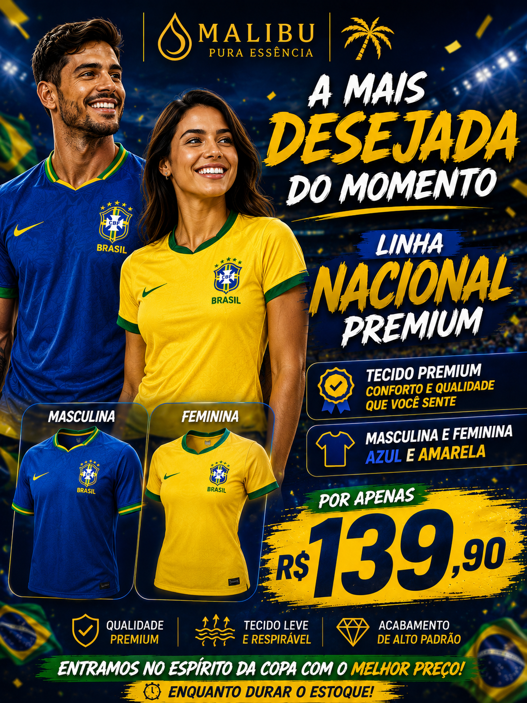 Camiseta Nacional Premium  Feminina Amarela Brasil g