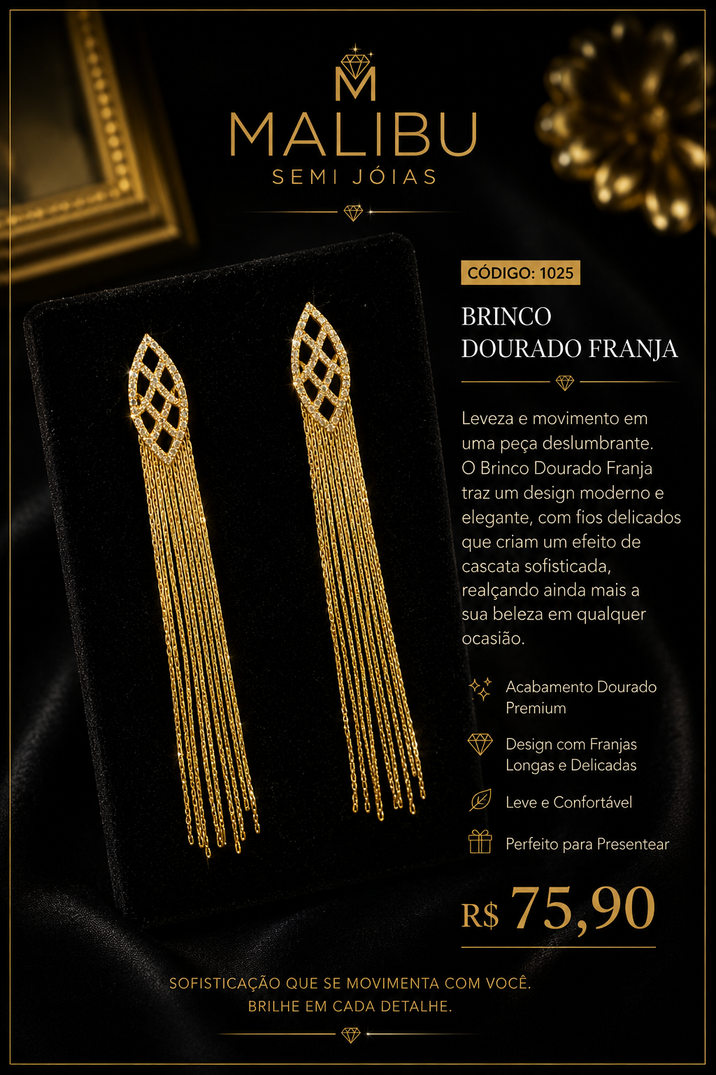 brinco dourado franja