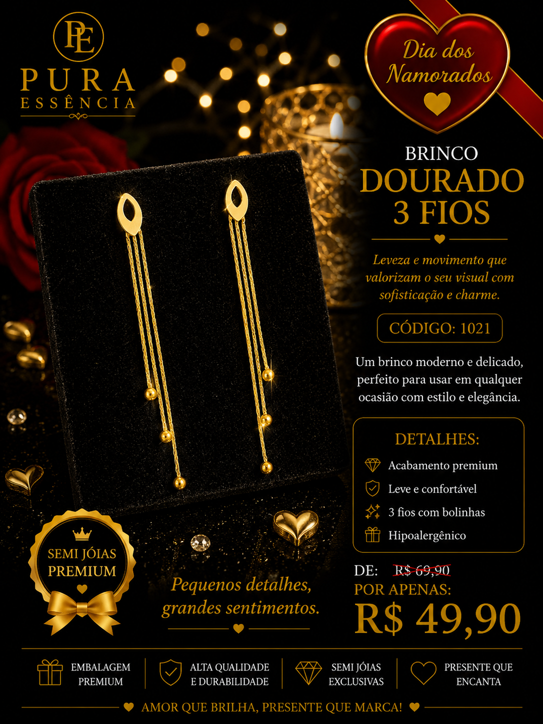 brinco dourado 3 fios