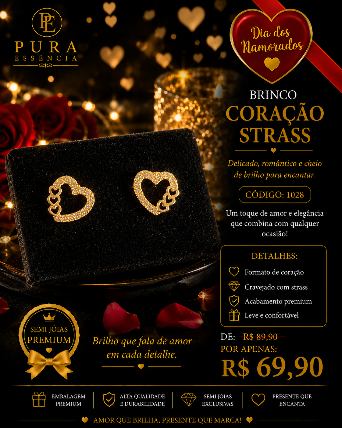 brinco coração strass