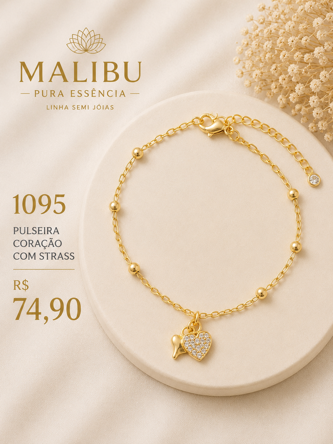 pulseira coração com strass