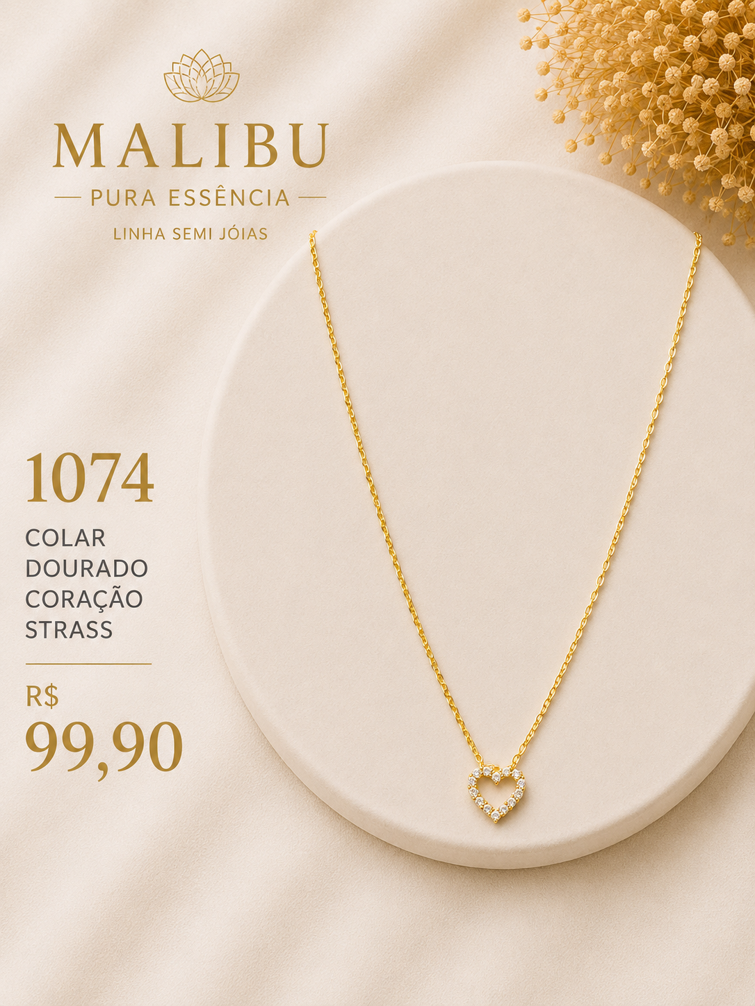 colar dourado coração strass