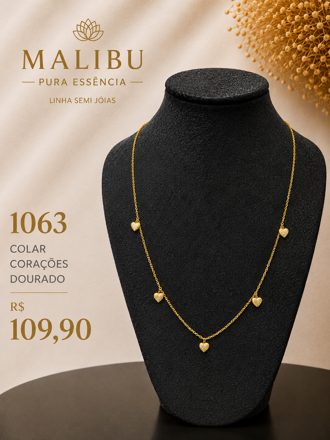 colar corações dourado