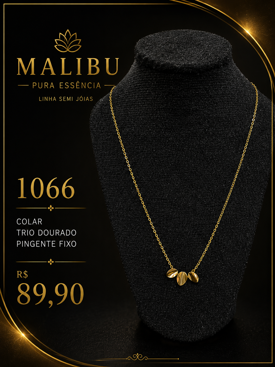 colar trio dourado pingente fixo